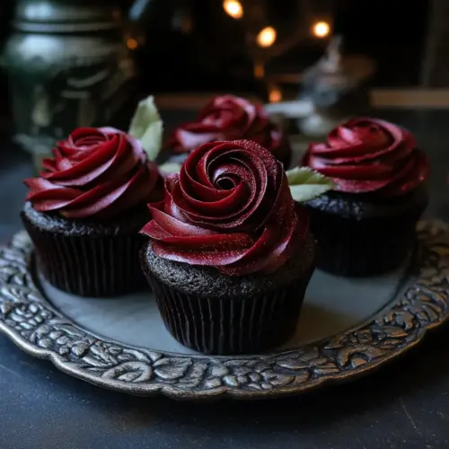 Wednesday Morticia’s Midnight Rose Garden Cupcakes