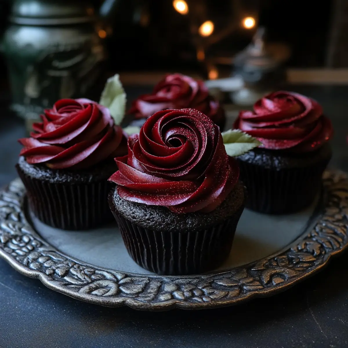 Wednesday Morticia’s Midnight Rose Garden Cupcakes