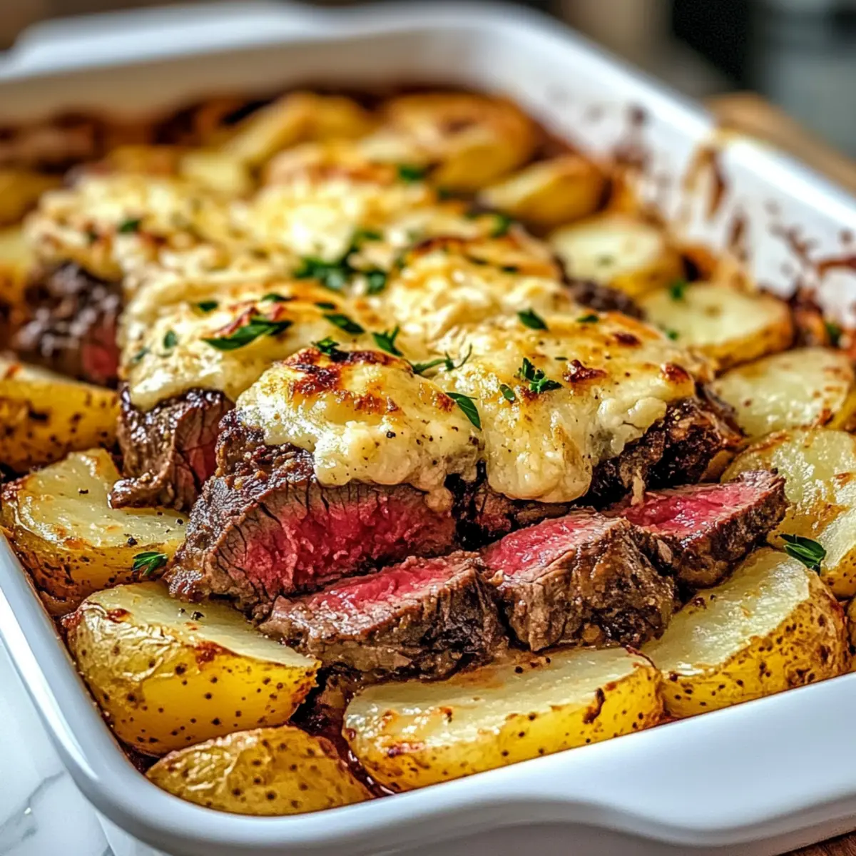 Garlic Butter Steak & Cheddar Potato Bake