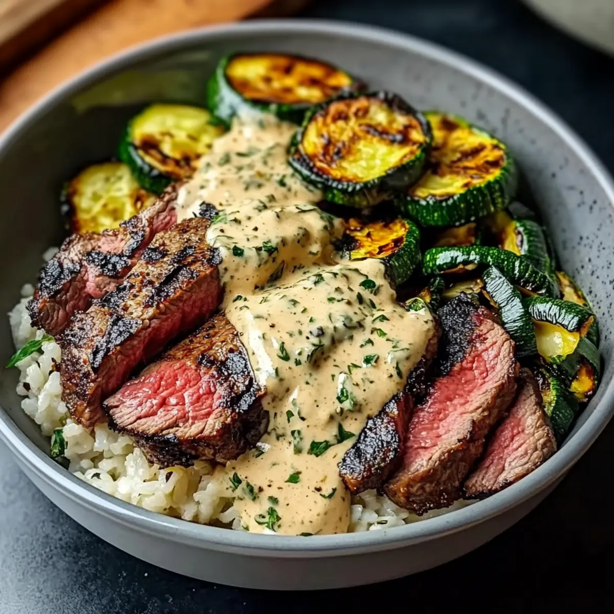 Grilled Steak Bowl with Sauce & Grilled Zucchini