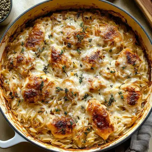 French Onion Chicken Orzo Casserole