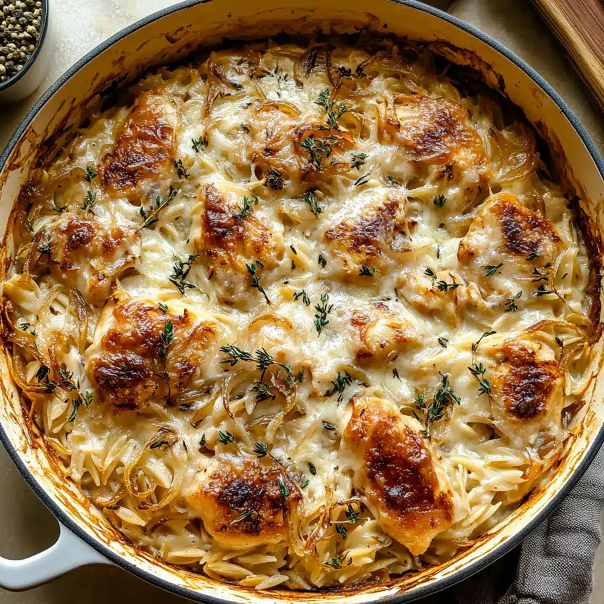 French Onion Chicken Orzo Casserole