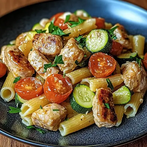 Chicken Sausages with Zucchini, Tomatoes and Pasta