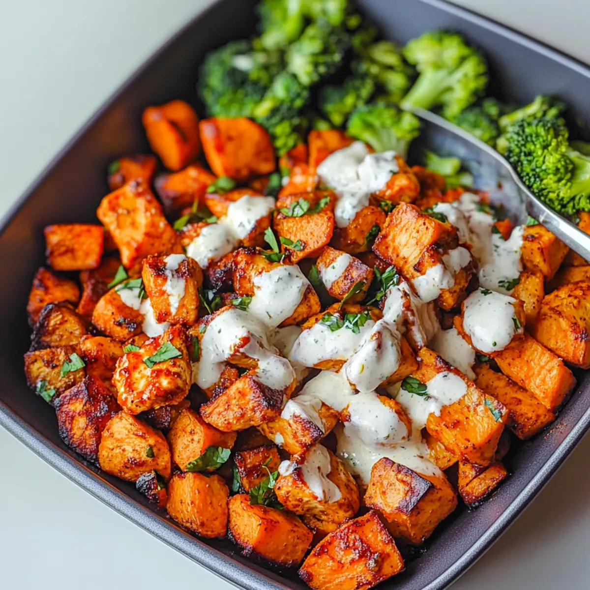 Sheet Pan Buffalo Chicken and Sweet Potato Bowls