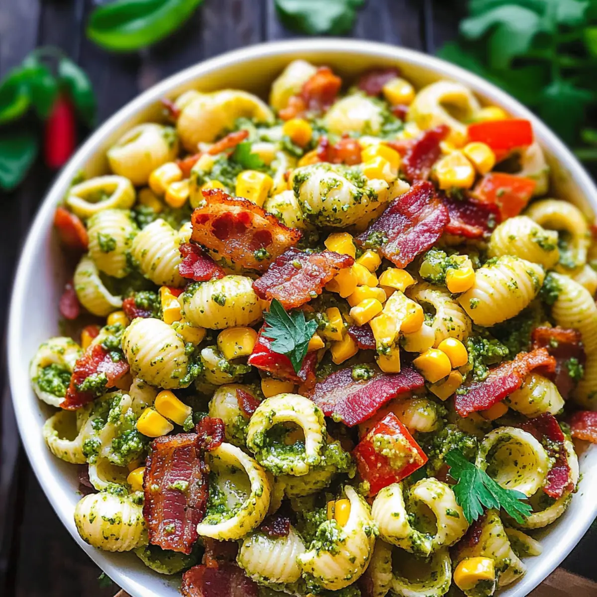 Corn Pasta Salad with Bacon and Creamy Pesto Dressing