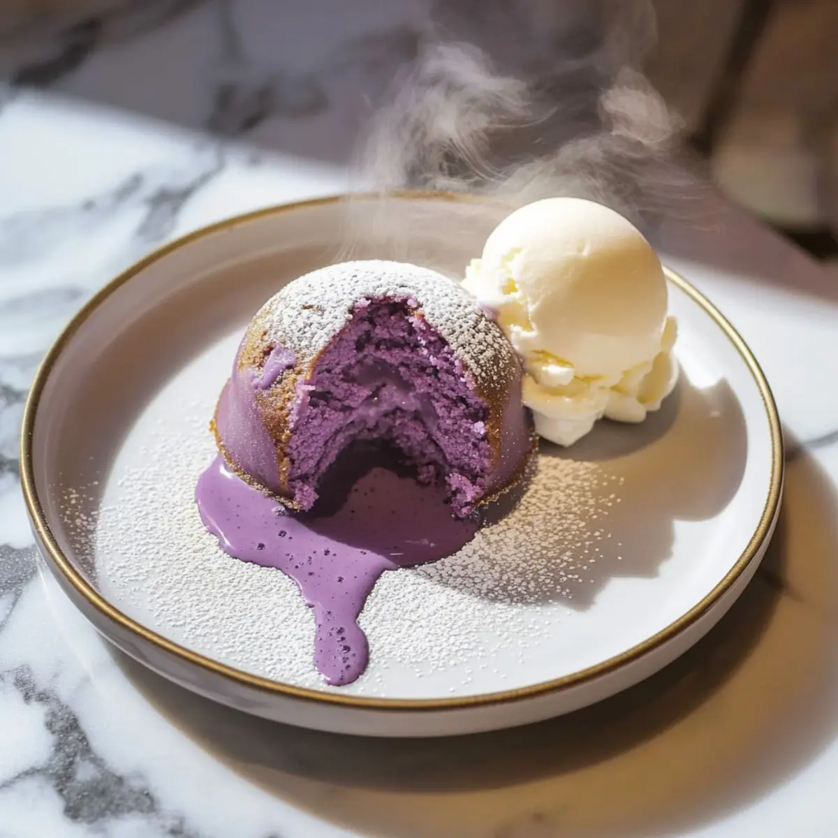 Ube Lava Cake with Vanilla Ice Cream