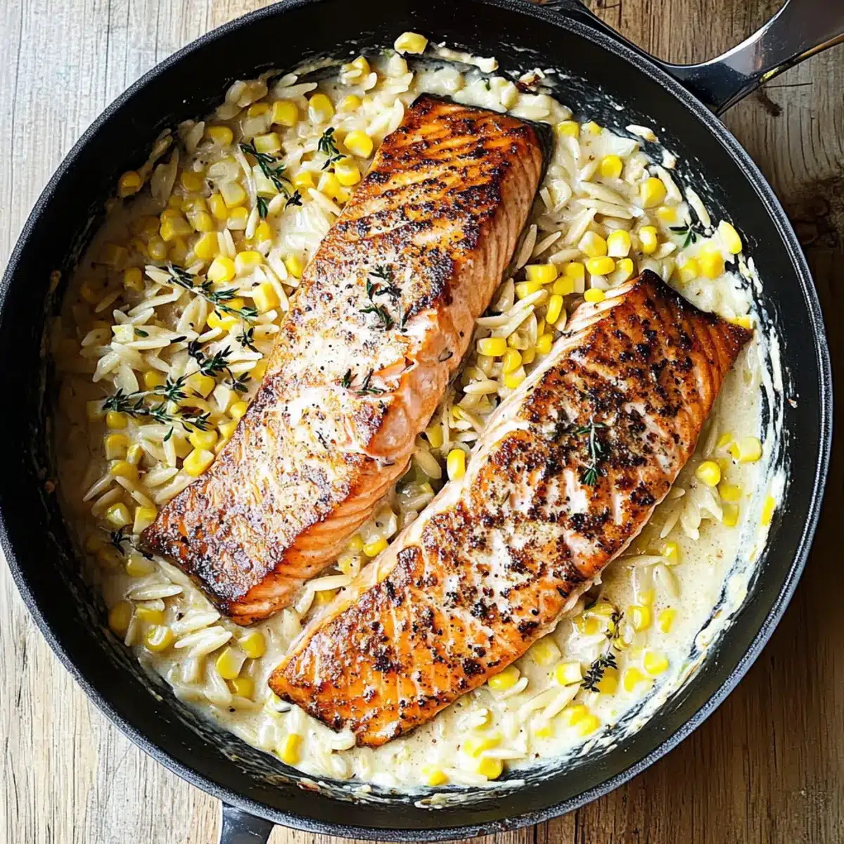 Creamed Corn Orzo with Salmon