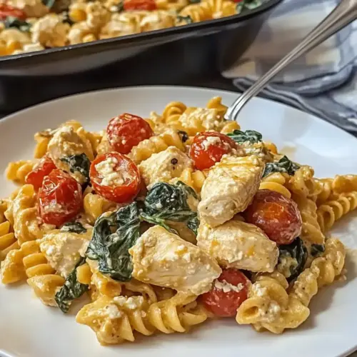 Baked Chicken Feta Pasta with Cherry Tomatoes and Spinach