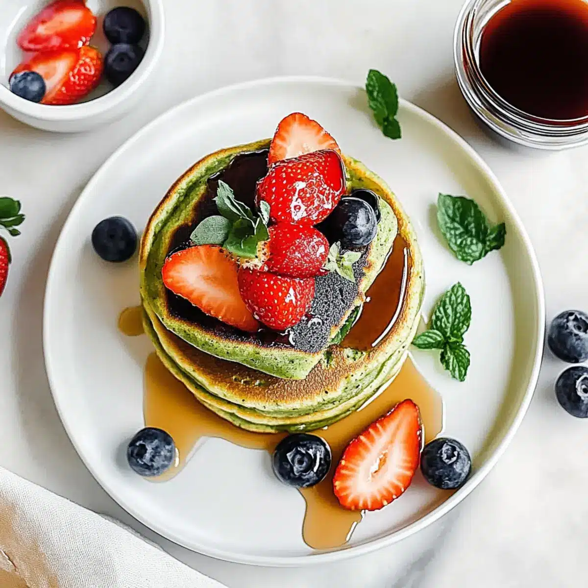 Matcha Mochi Pancakes with Strawberry Syrup