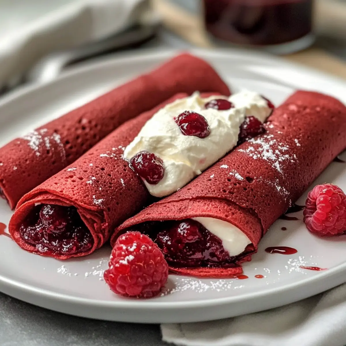 Red Velvet Crepes with Raspberry & Sweet Cream Cheese Filling