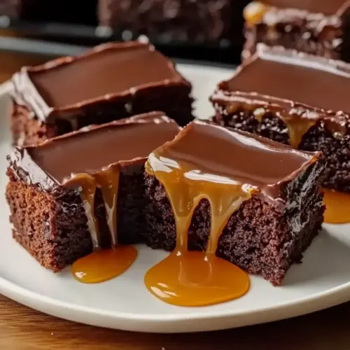 Soft Chocolate Cake Squares with Liquid Caramel