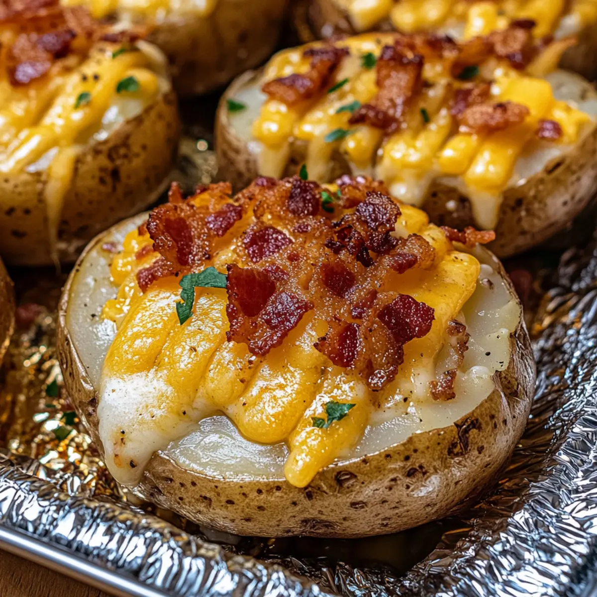 Baked sliced potatoes with cheese, bacon and cream