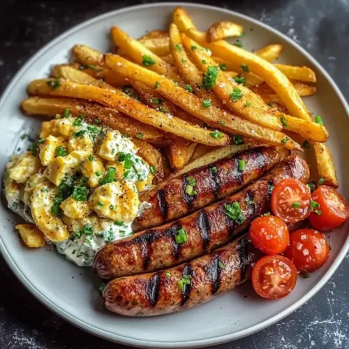 Grilled Sausages with Fries & Creamy Egg Salad