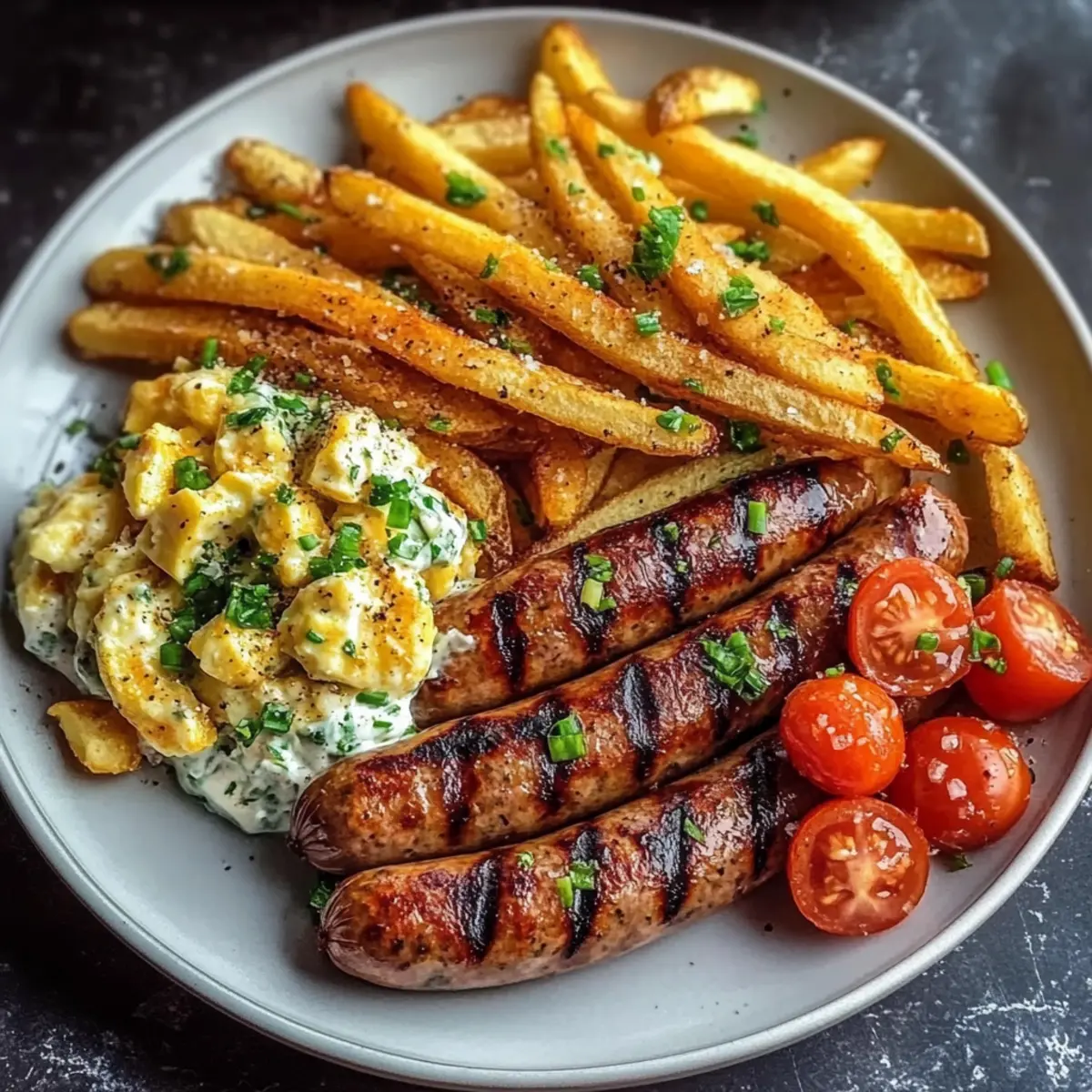 Grilled Sausages with Fries & Creamy Egg Salad