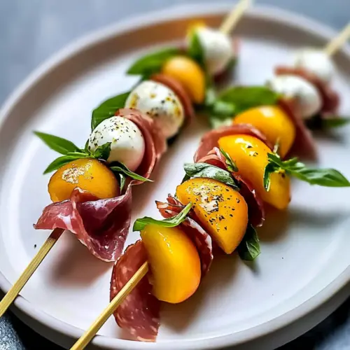 Mozzarella, Prosciutto, and Pickled Peach Skewers Bliss