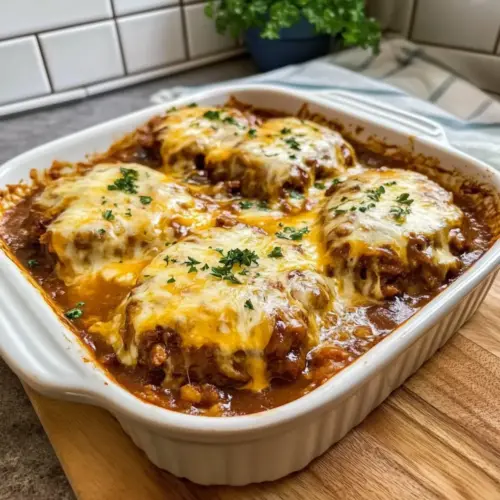 Cheesy Smothered Beef Patties Casserole