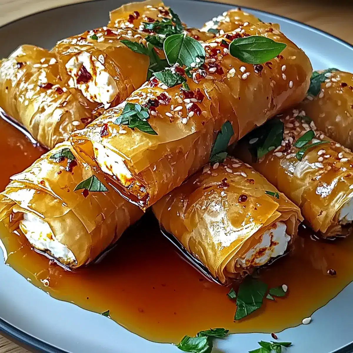 Crispy Oven Fried Feta Rolls with Sweet Chili Honey Drizzle