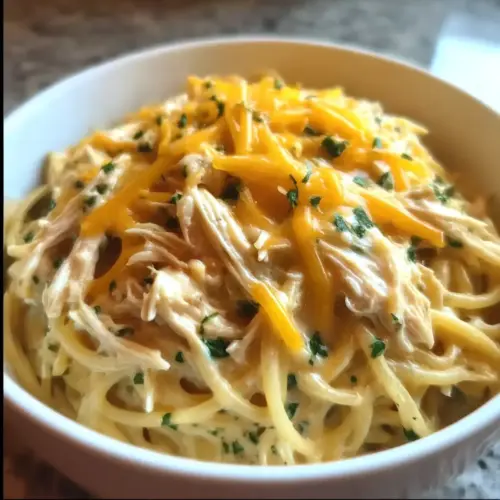 Creamy Crockpot Chicken Spaghetti